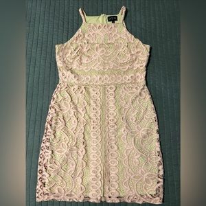 Pink Lace High Neck Cocktail Dress with Tan Liner Zipper on Back size 8
